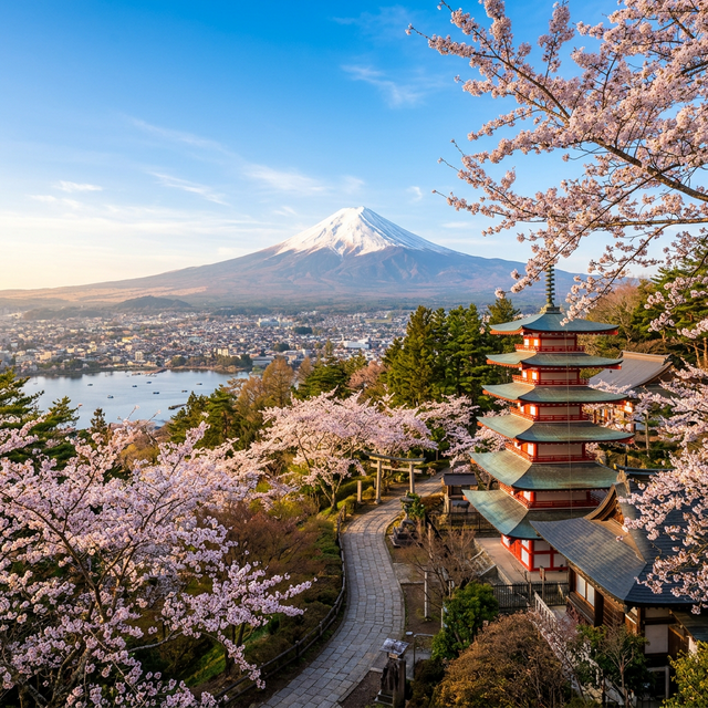 Phong cảnh Nhật Bản núi Phú Sĩ và hoa anh đào